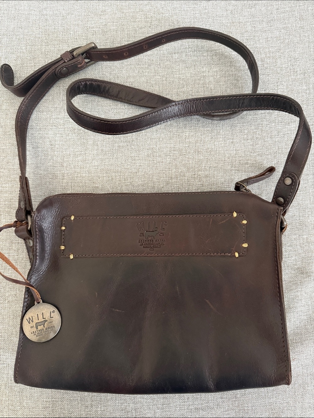 WILL Leather Goods Brown Leather Crossbody Bag stitch detail